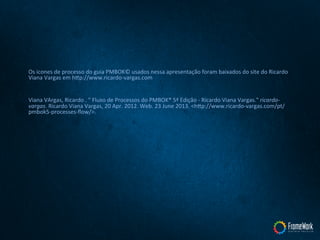 Os	
  icones	
  de	
  processo	
  do	
  guia	
  PMBOK©	
  usados	
  nessa	
  apresentação	
  foram	
  baixados	
  do	
  site	
  do	
  Ricardo	
  
Viana	
  Vargas	
  em	
  hhp://www.ricardo-­‐vargas.com	
  
	
  
	
  
Viana	
  VArgas,	
  Ricardo	
  .	
  "	
  Fluxo	
  de	
  Processos	
  do	
  PMBOK®	
  5ª	
  Edição	
  -­‐	
  Ricardo	
  Viana	
  Vargas."	
  ricardo-­‐
vargas.	
  Ricardo	
  Viana	
  Vargas,	
  20	
  Apr.	
  2012.	
  Web.	
  23	
  June	
  2013.	
  <hhp://www.ricardo-­‐vargas.com/pt/
pmbok5-­‐processes-­‐ﬂow/>.	
  	
  
	
  
	
  
	
  
	
  
	
  
 