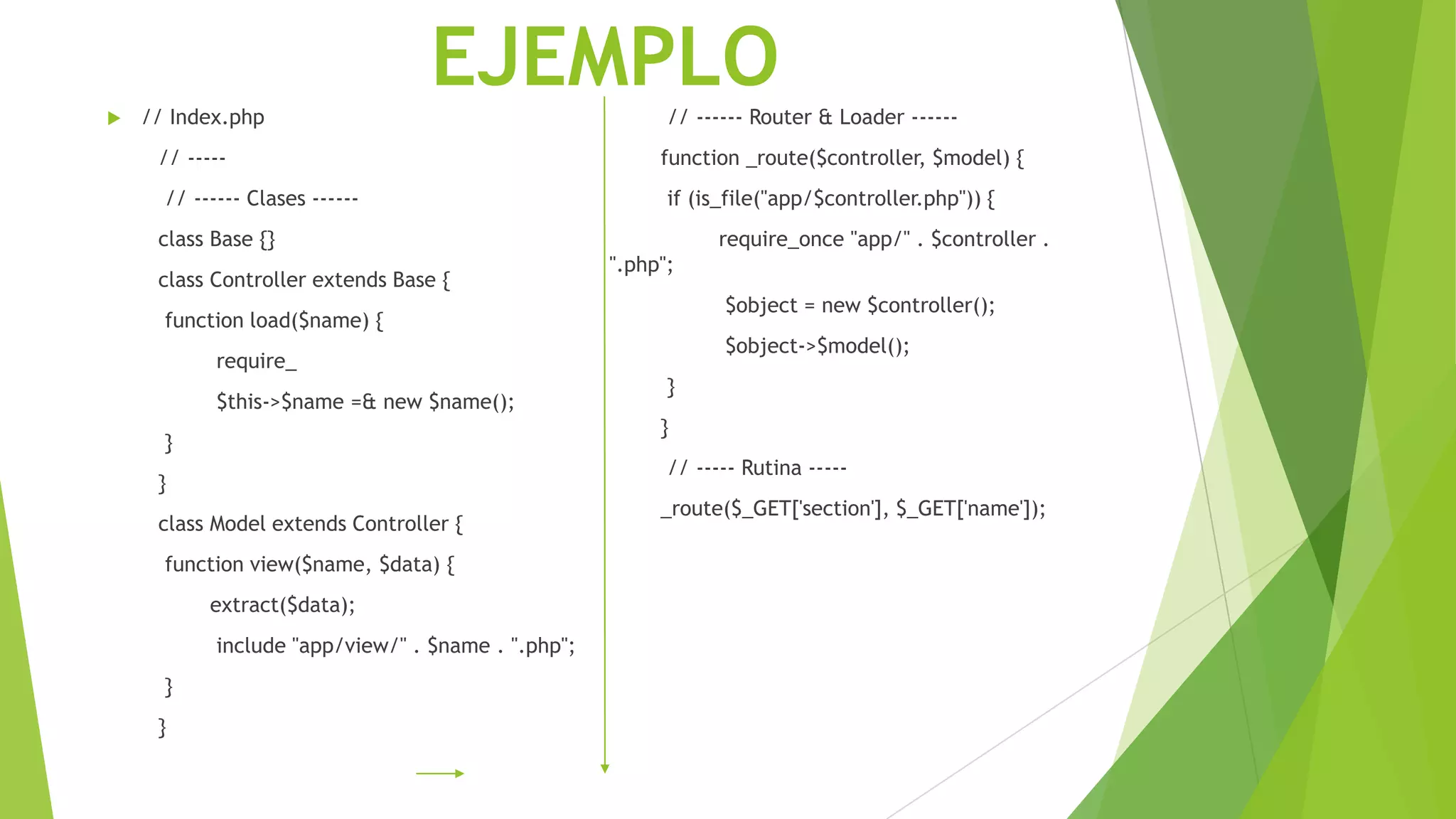 EJEMPLO // Index.php
// -----
// ------ Clases ------
class Base {}
class Controller extends Base {
function load($name) {
require_
$this->$name =& new $name();
}
}
class Model extends Controller {
function view($name, $data) {
extract($data);
include "app/view/" . $name . ".php";
}
}
// ------ Router & Loader ------
function _route($controller, $model) {
if (is_file("app/$controller.php")) {
require_once "app/" . $controller .
".php";
$object = new $controller();
$object->$model();
}
}
// ----- Rutina -----
_route($_GET['section'], $_GET['name']);
 