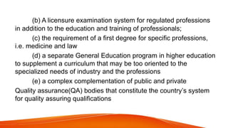 (b) A licensure examination system for regulated professions
in addition to the education and training of professionals;
(c) the requirement of a first degree for specific professions,
i.e. medicine and law
(d) a separate General Education program in higher education
to supplement a curriculum that may be too oriented to the
specialized needs of industry and the professions
(e) a complex complementation of public and private
Quality assurance(QA) bodies that constitute the country’s system
for quality assuring qualifications
 