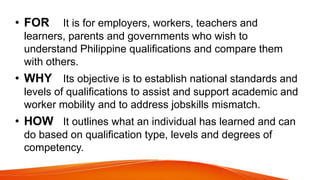 • FOR It is for employers, workers, teachers and
learners, parents and governments who wish to
understand Philippine qualifications and compare them
with others.
• WHY Its objective is to establish national standards and
levels of qualifications to assist and support academic and
worker mobility and to address jobskills mismatch.
• HOW It outlines what an individual has learned and can
do based on qualification type, levels and degrees of
competency.
 