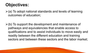 Objectives:
(a) To adopt national standards and levels of learning
outcomes of education;
(b) To support the development and maintenance of
pathways and equivalencies that enable access to
qualifications and to assist individuals to move easily and
readily between the different education and training
sectors and between these sectors and the labor market;
 