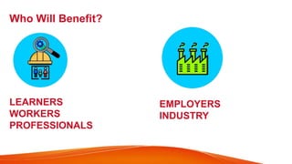 Who Will Benefit?
LEARNERS
WORKERS
PROFESSIONALS
EMPLOYERS
INDUSTRY
 