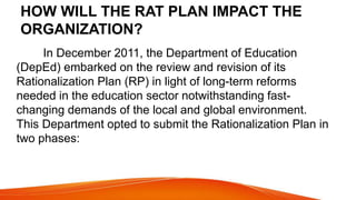 HOW WILL THE RAT PLAN IMPACT THE
ORGANIZATION?
In December 2011, the Department of Education
(DepEd) embarked on the review and revision of its
Rationalization Plan (RP) in light of long-term reforms
needed in the education sector notwithstanding fast-
changing demands of the local and global environment.
This Department opted to submit the Rationalization Plan in
two phases:
 