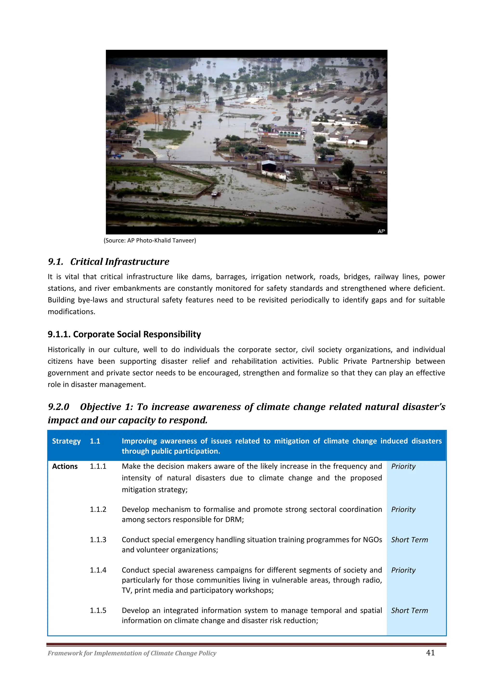 Framework for Implementation of Climate Change Policy 41
(Source: AP Photo-Khalid Tanveer)
9.1. Critical Infrastructure
It is vital that critical infrastructure like dams, barrages, irrigation network, roads, bridges, railway lines, power
stations, and river embankments are constantly monitored for safety standards and strengthened where deficient.
Building bye-laws and structural safety features need to be revisited periodically to identify gaps and for suitable
modifications.
9.1.1. Corporate Social Responsibility
Historically in our culture, well to do individuals the corporate sector, civil society organizations, and individual
citizens have been supporting disaster relief and rehabilitation activities. Public Private Partnership between
government and private sector needs to be encouraged, strengthen and formalize so that they can play an effective
role in disaster management.
9.2.0 Objective 1: To increase awareness of climate change related natural disaster’s
impact and our capacity to respond.
Strategy 1.1 Improving awareness of issues related to mitigation of climate change induced disasters
through public participation.
Actions 1.1.1 Make the decision makers aware of the likely increase in the frequency and
intensity of natural disasters due to climate change and the proposed
mitigation strategy;
Priority
1.1.2 Develop mechanism to formalise and promote strong sectoral coordination
among sectors responsible for DRM;
Priority
1.1.3 Conduct special emergency handling situation training programmes for NGOs
and volunteer organizations;
Short Term
1.1.4 Conduct special awareness campaigns for different segments of society and
particularly for those communities living in vulnerable areas, through radio,
TV, print media and participatory workshops;
Priority
1.1.5 Develop an integrated information system to manage temporal and spatial
information on climate change and disaster risk reduction;
Short Term
 
