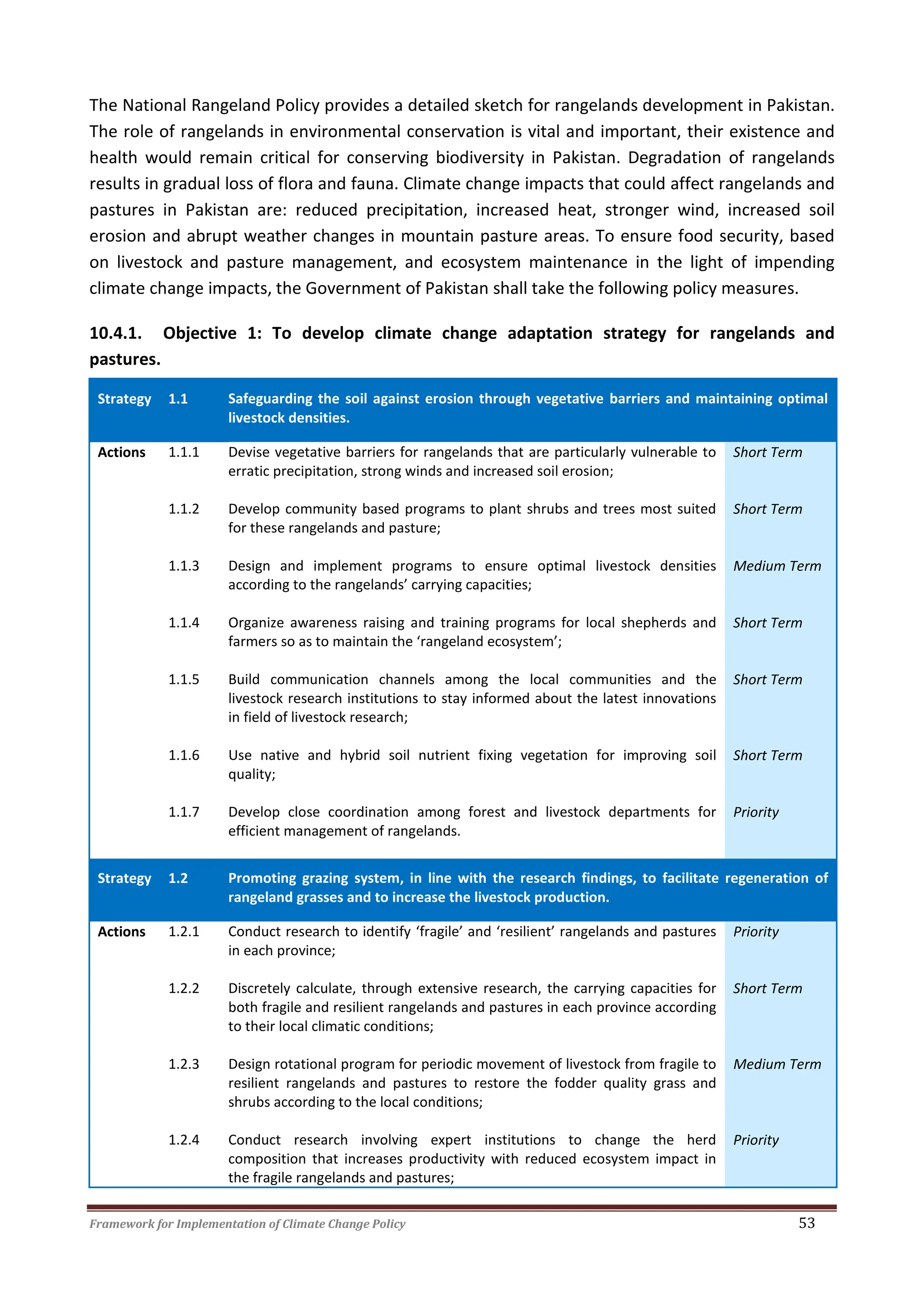 Framework for Implementation of Climate Change Policy 53
The National Rangeland Policy provides a detailed sketch for rangelands development in Pakistan.
The role of rangelands in environmental conservation is vital and important, their existence and
health would remain critical for conserving biodiversity in Pakistan. Degradation of rangelands
results in gradual loss of flora and fauna. Climate change impacts that could affect rangelands and
pastures in Pakistan are: reduced precipitation, increased heat, stronger wind, increased soil
erosion and abrupt weather changes in mountain pasture areas. To ensure food security, based
on livestock and pasture management, and ecosystem maintenance in the light of impending
climate change impacts, the Government of Pakistan shall take the following policy measures.
10.4.1. Objective 1: To develop climate change adaptation strategy for rangelands and
pastures.
Strategy 1.1 Safeguarding the soil against erosion through vegetative barriers and maintaining optimal
livestock densities.
Actions 1.1.1 Devise vegetative barriers for rangelands that are particularly vulnerable to
erratic precipitation, strong winds and increased soil erosion;
Short Term
1.1.2 Develop community based programs to plant shrubs and trees most suited
for these rangelands and pasture;
Short Term
1.1.3 Design and implement programs to ensure optimal livestock densities
according to the rangelands’ carrying capacities;
Medium Term
1.1.4 Organize awareness raising and training programs for local shepherds and
farmers so as to maintain the ‘rangeland ecosystem’;
Short Term
1.1.5 Build communication channels among the local communities and the
livestock research institutions to stay informed about the latest innovations
in field of livestock research;
Short Term
1.1.6 Use native and hybrid soil nutrient fixing vegetation for improving soil
quality;
Short Term
1.1.7 Develop close coordination among forest and livestock departments for
efficient management of rangelands.
Priority
Strategy 1.2 Promoting grazing system, in line with the research findings, to facilitate regeneration of
rangeland grasses and to increase the livestock production.
Actions 1.2.1 Conduct research to identify ‘fragile’ and ‘resilient’ rangelands and pastures
in each province;
Priority
1.2.2 Discretely calculate, through extensive research, the carrying capacities for
both fragile and resilient rangelands and pastures in each province according
to their local climatic conditions;
Short Term
1.2.3 Design rotational program for periodic movement of livestock from fragile to
resilient rangelands and pastures to restore the fodder quality grass and
shrubs according to the local conditions;
Medium Term
1.2.4 Conduct research involving expert institutions to change the herd
composition that increases productivity with reduced ecosystem impact in
the fragile rangelands and pastures;
Priority
 