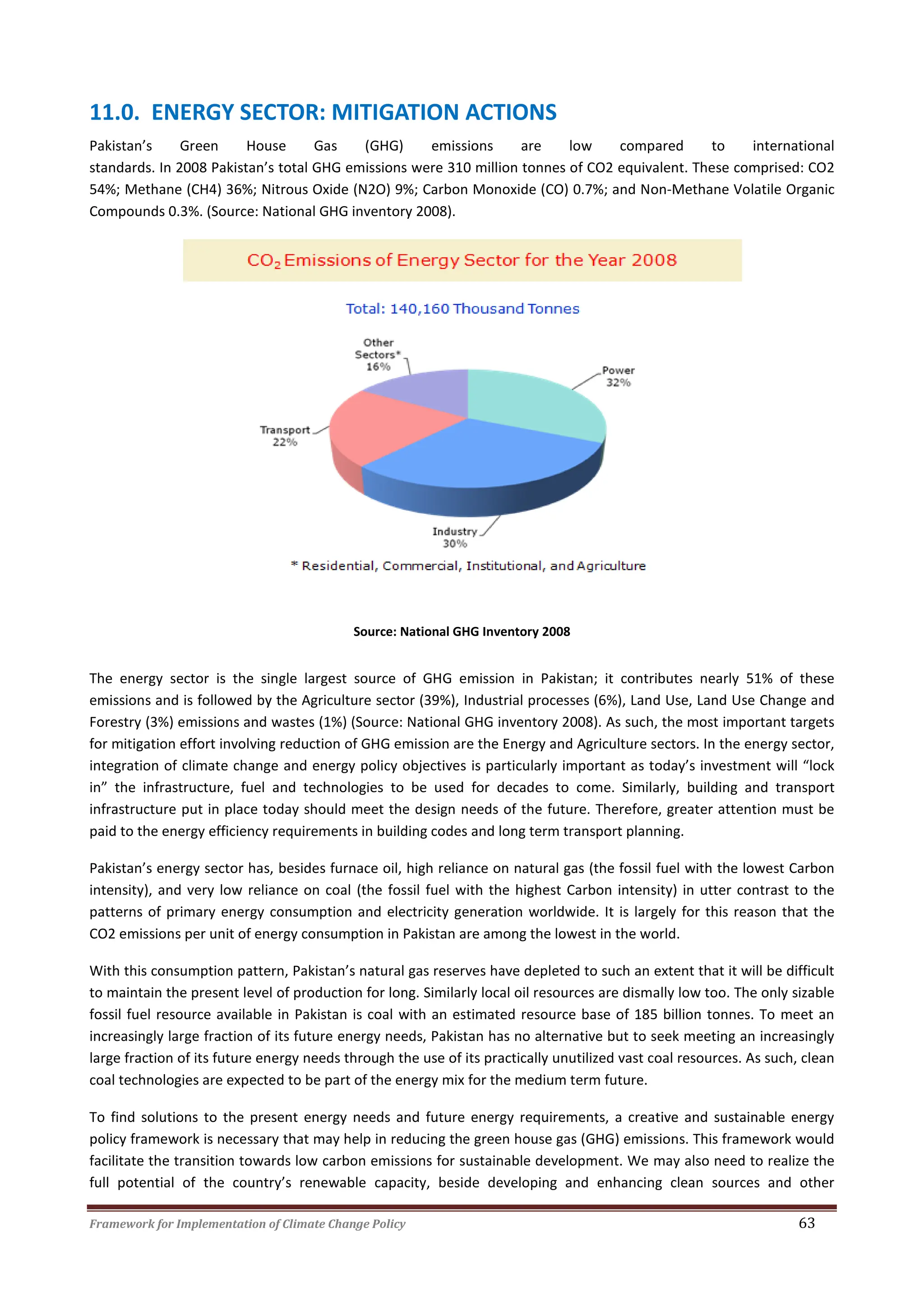 Framework for Implementation of Climate Change Policy 63
11.0. ENERGY SECTOR: MITIGATION ACTIONS
Pakistan’s Green House Gas (GHG) emissions are low compared to international
standards. In 2008 Pakistan’s total GHG emissions were 310 million tonnes of CO2 equivalent. These comprised: CO2
54%; Methane (CH4) 36%; Nitrous Oxide (N2O) 9%; Carbon Monoxide (CO) 0.7%; and Non-Methane Volatile Organic
Compounds 0.3%. (Source: National GHG inventory 2008).
Source: National GHG Inventory 2008
The energy sector is the single largest source of GHG emission in Pakistan; it contributes nearly 51% of these
emissions and is followed by the Agriculture sector (39%), Industrial processes (6%), Land Use, Land Use Change and
Forestry (3%) emissions and wastes (1%) (Source: National GHG inventory 2008). As such, the most important targets
for mitigation effort involving reduction of GHG emission are the Energy and Agriculture sectors. In the energy sector,
integration of climate change and energy policy objectives is particularly important as today’s investment will “lock
in” the infrastructure, fuel and technologies to be used for decades to come. Similarly, building and transport
infrastructure put in place today should meet the design needs of the future. Therefore, greater attention must be
paid to the energy efficiency requirements in building codes and long term transport planning.
Pakistan’s energy sector has, besides furnace oil, high reliance on natural gas (the fossil fuel with the lowest Carbon
intensity), and very low reliance on coal (the fossil fuel with the highest Carbon intensity) in utter contrast to the
patterns of primary energy consumption and electricity generation worldwide. It is largely for this reason that the
CO2 emissions per unit of energy consumption in Pakistan are among the lowest in the world.
With this consumption pattern, Pakistan’s natural gas reserves have depleted to such an extent that it will be difficult
to maintain the present level of production for long. Similarly local oil resources are dismally low too. The only sizable
fossil fuel resource available in Pakistan is coal with an estimated resource base of 185 billion tonnes. To meet an
increasingly large fraction of its future energy needs, Pakistan has no alternative but to seek meeting an increasingly
large fraction of its future energy needs through the use of its practically unutilized vast coal resources. As such, clean
coal technologies are expected to be part of the energy mix for the medium term future.
To find solutions to the present energy needs and future energy requirements, a creative and sustainable energy
policy framework is necessary that may help in reducing the green house gas (GHG) emissions. This framework would
facilitate the transition towards low carbon emissions for sustainable development. We may also need to realize the
full potential of the country’s renewable capacity, beside developing and enhancing clean sources and other
 
