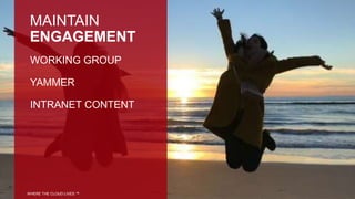 MAINTAIN
ENGAGEMENT
WORKING GROUP
YAMMER
INTRANET CONTENT
WHERE THE CLOUD LIVES ™
 
