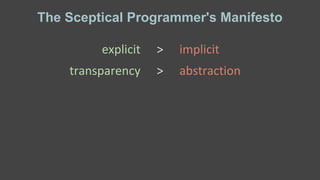The Sceptical Programmer's Manifesto
explicit implicit>
transparency abstraction>
utility enforced structure>
 
