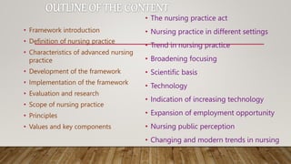 • Framework introduction
• Definition of nursing practice
• Characteristics of advanced nursing
practice
• Development of the framework
• Implementation of the framework
• Evaluation and research
• Scope of nursing practice
• Principles
• Values and key components
• The nursing practice act
• Nursing practice in different settings
• Trend in nursing practice
• Broadening focusing
• Scientific basis
• Technology
• Indication of increasing technology
• Expansion of employment opportunity
• Nursing public perception
• Changing and modern trends in nursing
 