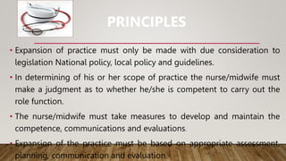 • Expansion of practice must only be made with due consideration to
legislation National policy, local policy and guidelines.
• In determining of his or her scope of practice the nurse/midwife must
make a judgment as to whether he/she is competent to carry out the
role function.
• The nurse/midwife must take measures to develop and maintain the
competence, communications and evaluations.
• Expansion of the practice must be based on appropriate assessment,
planning, communication and evaluation.
PRINCIPLES
 