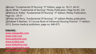 Kozier, “Fundamental Of Nursing” 5th Edition, page no. 18-21, 40-41.
Lois While “ Fudamental of Nursing” Mosby Publication, Page No.85, 224.
Patricia A. Potter, “fundamental Of Nursing” 3rd edition, Mosby Publication,
Page no.- 29-31
Potter and Perry, “fundamental Of Nursing”, 5th edition Mosby publication.
Shabeer P. Basheer, “A Concise Book of Advanced Nursing Practice” 1st edition,
2012, Emmss medical publishers, page no. 648-675.
Internet:-
www.wikepedia.com
www.ncbi.com
www.pubmed.com
www.scribd.com
www.slideshre.com
www.sparknotes.com
www.ACN.org.com
 