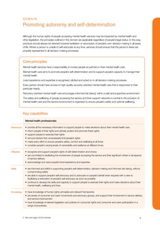 9
DOMAIN­
Promoting autonomy and self-determination
Although the human rights of people accessing mental health services may be impacted by mental health and
other legislation, the principles outlined in this domain are applicable regardless of people’s legal status. In this way,
practices should always be directed towards facilitation or resumption of people’s own decision making in all areas
of life. Where a person is unable to self-advocate at any time, services should ensure that the person’s views are
properly represented in all decision-making processes.
Key capabilities
Mental health professionals:
•	 provide all the necessary information to support people to make decisions about their mental health care
•	 inform people of their rights and actively protect and promote these rights
•	 support people to exercise their rights
•	 remove barriers that unnecessarily limit people’s rights
•	 make every effort to ensure people’s safety, comfort and wellbeing at all times
•	 consider people’s varying levels of vulnerability and resilience at different times.
•	 recognise and support people’s rights of self-determination and choice
•	 are committed to facilitating the involvement of people accessing the service and their significant others in all aspects
of service delivery
•	 acknowledge and value people’s lived experience and expertise.
•	 are informed and skilful in supporting people’s self-determination, decision making and informed risk taking, without
compromising safety
•	 are able to support people’s self-advocacy and to advocate on people’s behalf when required with a view to
facilitating a restoration of people’s self-advocacy as soon as possible
•	 continue to develop the skills and capacity to support people to exercise their rights and make decisions about their
mental health, wellbeing and lives.
•	 have knowledge of human rights principles and relevant frameworks
•	 are aware of consumer and carer movements and advocacy groups, and support their involvement in service delivery
and service improvement
•	 have knowledge of relevant legislation and policies on consumer rights and consumer and carer participation in a
range of processes.
Core principles
Mental health services have a responsibility to involve people as partners in their mental health care.
Mental health care aims to promote people’s self-determination and to support people’s capacity to manage their
mental health.
Lived experience and expertise is recognised, elicited and acted on in all decision-making processes.
Every person should have access to high-quality recovery-oriented mental health care that is responsive to their
particular needs.
Recovery-oriented mental health care encourages informed risk taking2
within a safe and supportive environment.
The safety and wellbeing of people accessing the service and their support networks is central to the provision of
mental health care and the service environment is organised to ensure people’s safety and optimal wellbeing.
Behaviours
Attitudes
Skills
Knowledge
2	 See next page (14) for footnote.
 