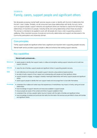 17
DOMAIN
Family, carers, support people and significant others
Not all people accessing mental health services require a carer or identify with the kind of relationship that
the term ‘carer’ implies. Similarly, not all consumers have close relationships with family. As such, terms
such as support people, support networks and significant others are intended to capture the full range of
relationships of importance to people, including family and caring relationships where these are present.
This domain is intended to be applied to work with all people who have a role in supporting a person’s
wellbeing. Other important sources of social and community relationships and support are discussed in the
Community participation and citizenship domain.
Key capabilities
	 Mental health professionals…
•	 assist people to identify their support needs, to utilise and strengthen existing support networks and to build new
support networks.
•	 value the role of families, support people and significant others in supporting people’s recovery.
•	 work effectively and inclusively with people’s support networks using evidence-based practices
•	 are able to build a rapport of trust, respect and understanding with people and their significant others
•	 support people to engage, re-engage or develop meaningful relationships with family, support people and significant
others
•	 assist support people to identify their own support needs and encourage them to look after themselves.
•	 understand the multiple and varied ways that experiences of mental illness may impact on family, caring and social
relationships
•	 have knowledge of support networks and resources available to support people
•	 ensure people are aware of the context and limits of support available to them
•	 understand that, at times, people’s rights may be in tension with the rights of families and significant others
•	 have knowledge of policies and protocols that clarify the information that services are permitted to share with families
and significant others.
Core principles
Family, support people and significant others have a significant and important role in supporting people’s recovery.
Mental health service providers support people to utilise and enhance their existing support networks.
Behaviours
Attitudes
Skills
Knowledge
 