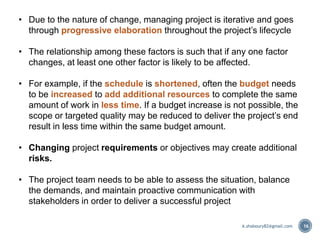 • Due to the nature of change, managing project is iterative and goes
through progressive elaboration throughout the project’s lifecycle
• The relationship among these factors is such that if any one factor
changes, at least one other factor is likely to be affected.
• For example, if the schedule is shortened, often the budget needs
to be increased to add additional resources to complete the same
amount of work in less time. If a budget increase is not possible, the
scope or targeted quality may be reduced to deliver the project’s end
result in less time within the same budget amount.
• Changing project requirements or objectives may create additional
risks.
• The project team needs to be able to assess the situation, balance
the demands, and maintain proactive communication with
stakeholders in order to deliver a successful project
16A.shaboury82@gmail.com
 