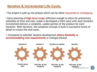 Iterative & Incremental Life Cycle.
47
• The project is split up into phases which can be either sequential or overlapping.
• Early planning of high-level scope sufficient enough to allow for preliminary
estimates of time and cost; scope is developed a little more with each iteration.
Incremental delivers a complete, usable portion of the product for each
iteration. With iterative, the complete concept is built in successive levels of
detail to create the end result.
•. Compared to waterfall, iterative development allows flexibility in
accommodating new requirements or changes thereof.
Iteration 0 iteration 1 iteration as needed iteration
Project setup
plan
Plan Dev. & test
feedback
Plan Dev. & test
feedback
Plan Dev. & test
feedback
A.shaboury82@gmail.com
 