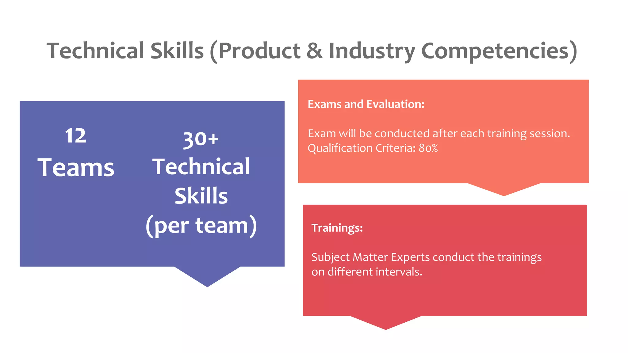 12
Teams
Trainings:
Subject Matter Experts conduct the trainings
on different intervals.
Exams and Evaluation:
Exam will be conducted after each training session.
Qualification Criteria: 80%
Technical Skills (Product & Industry Competencies)
30+
Technical
Skills
(per team)
 