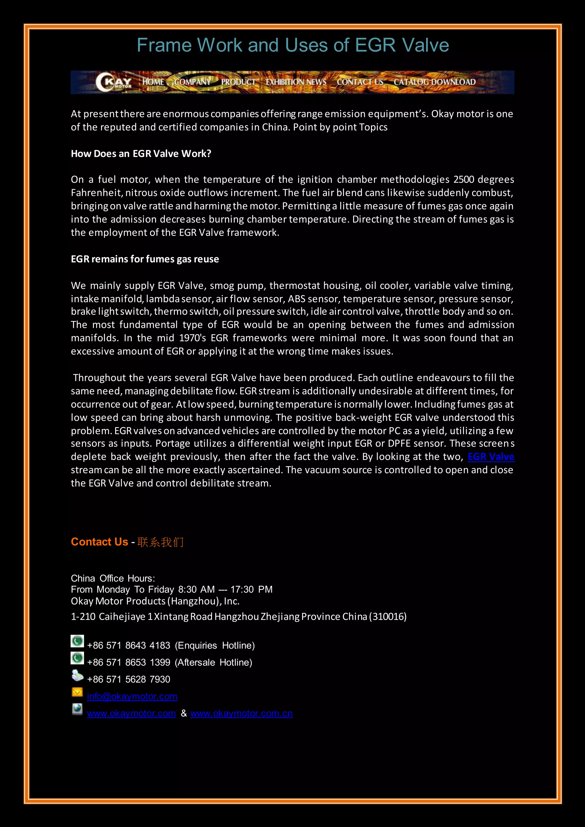 Frame work and uses of egr valve PDF