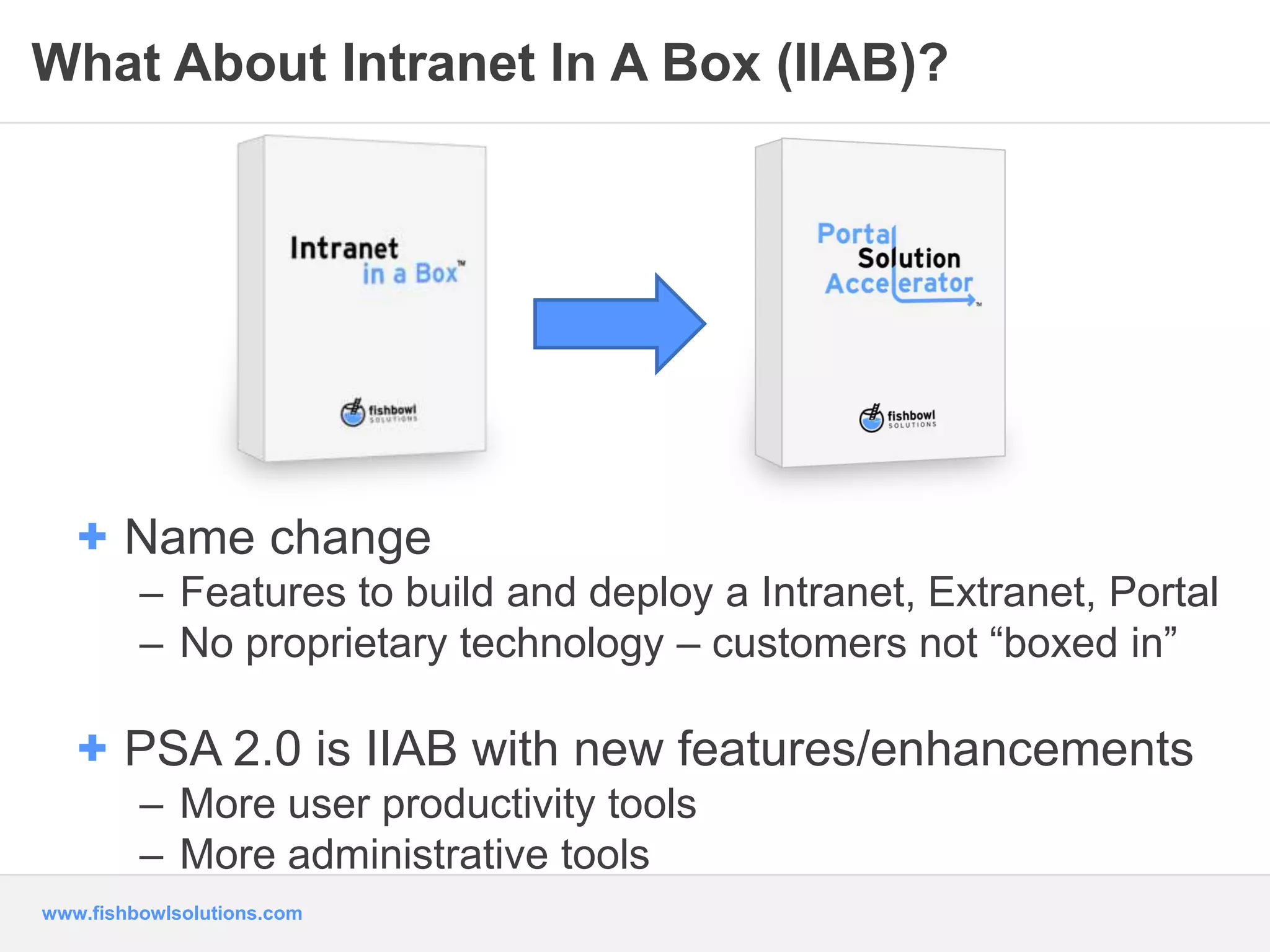 What About Intranet In A Box (IIAB)? 
+ Name change 
– Features to build and deploy a Intranet, Extranet, Portal 
– No proprietary technology – customers not “boxed in” 
+ PSA 2.0 is IIAB with new features/enhancements 
– More user productivity tools 
– More administrative tools 
www.fishbowlsolutions.com 
 