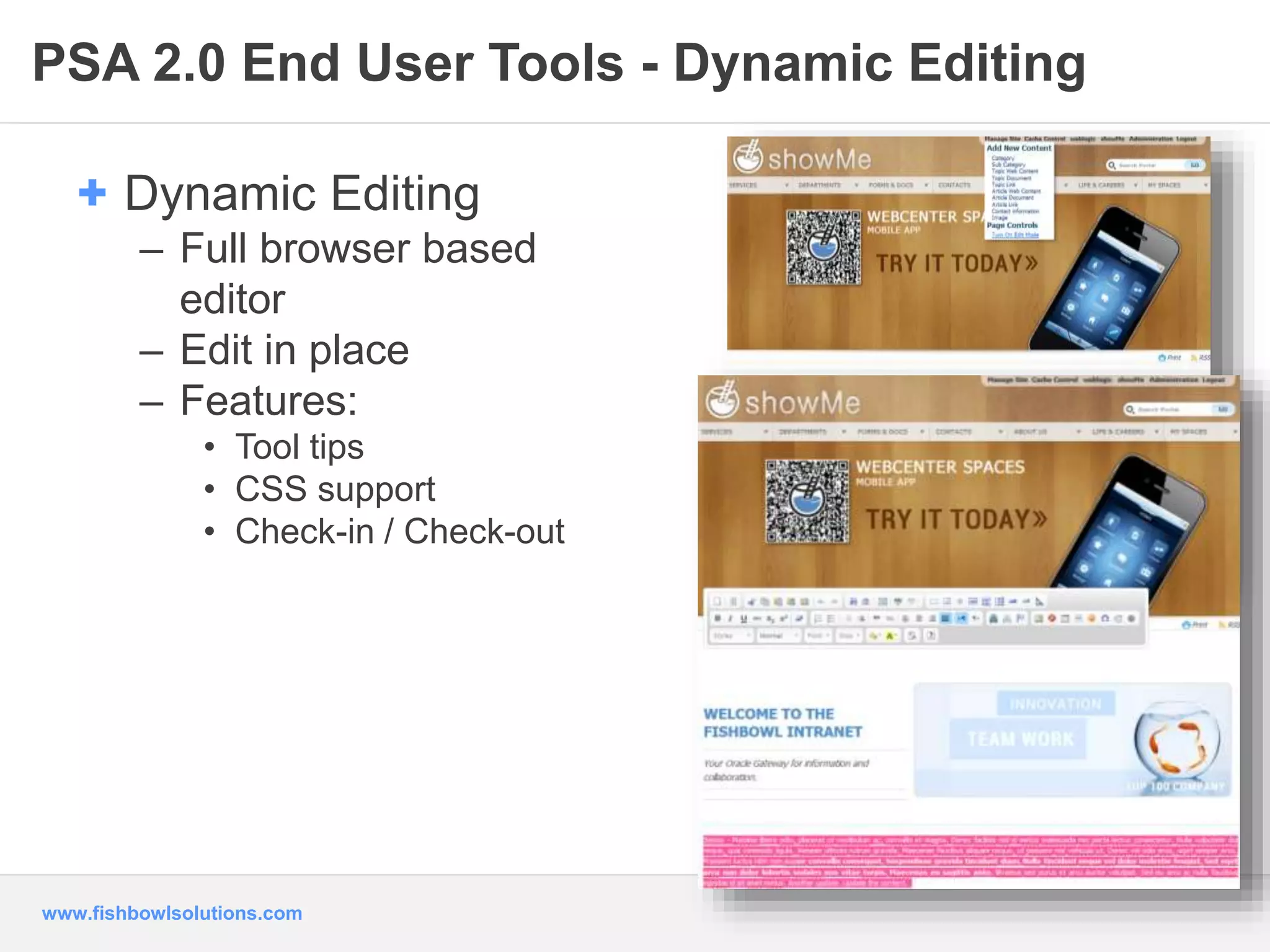 PSA 2.0 End User Tools - Dynamic Editing 
+ Dynamic Editing 
– Full browser based 
editor 
– Edit in place 
– Features: 
• Tool tips 
• CSS support 
• Check-in / Check-out 
www.fishbowlsolutions.com 
 