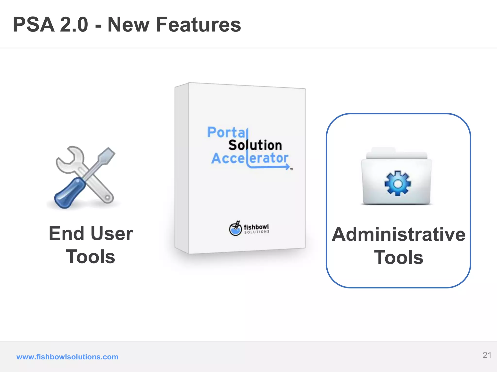 PSA 2.0 - New Features 
End User 
Tools 
www.fishbowlsolutions.com 
21 
Administrative 
Tools 
 