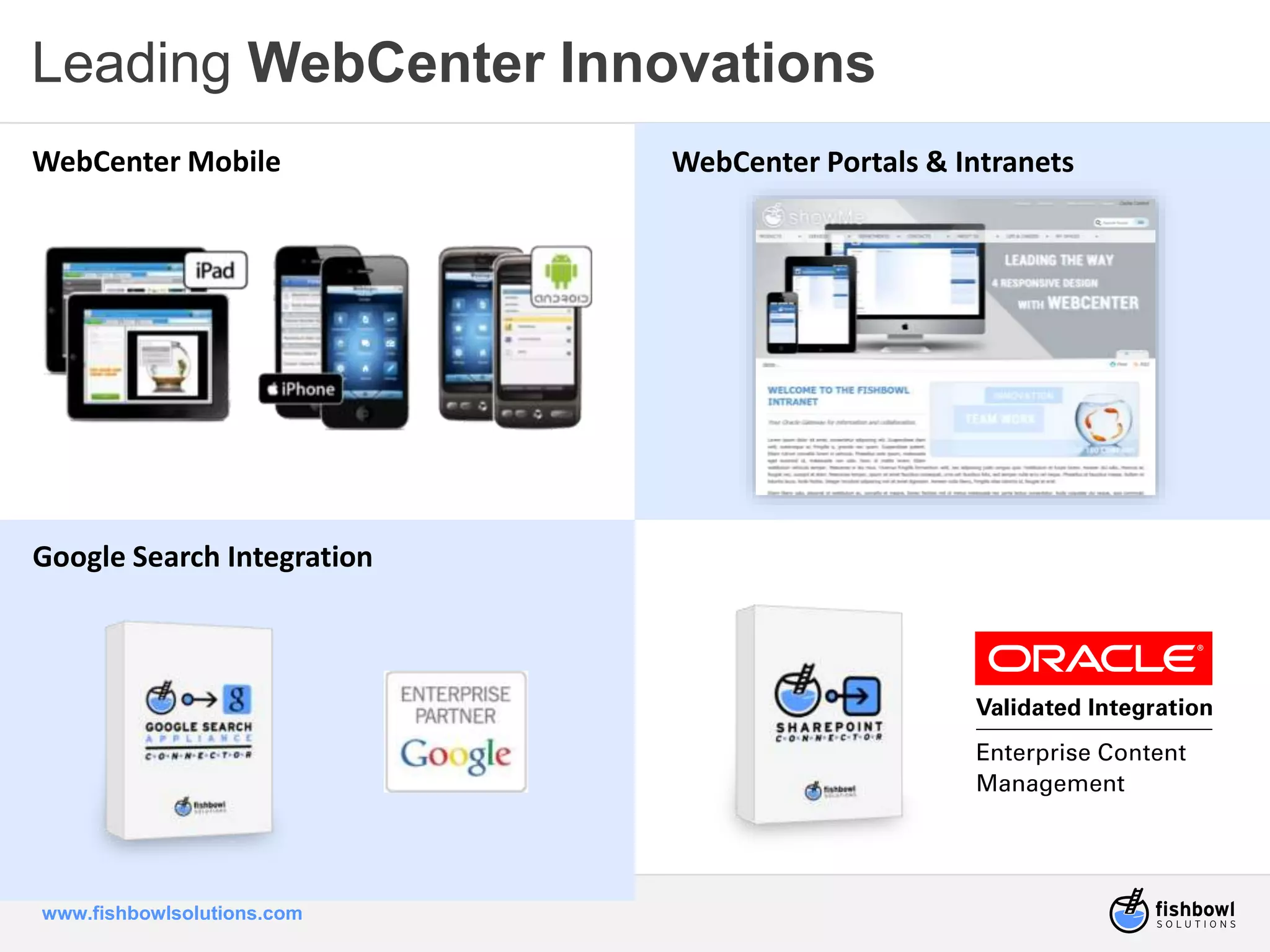Leading WebCenter Innovations 
WebCenter Mobile WebCenter Portals & Intranets 
Google Search Integration 
www.fishbowlsolutions.com 
 
