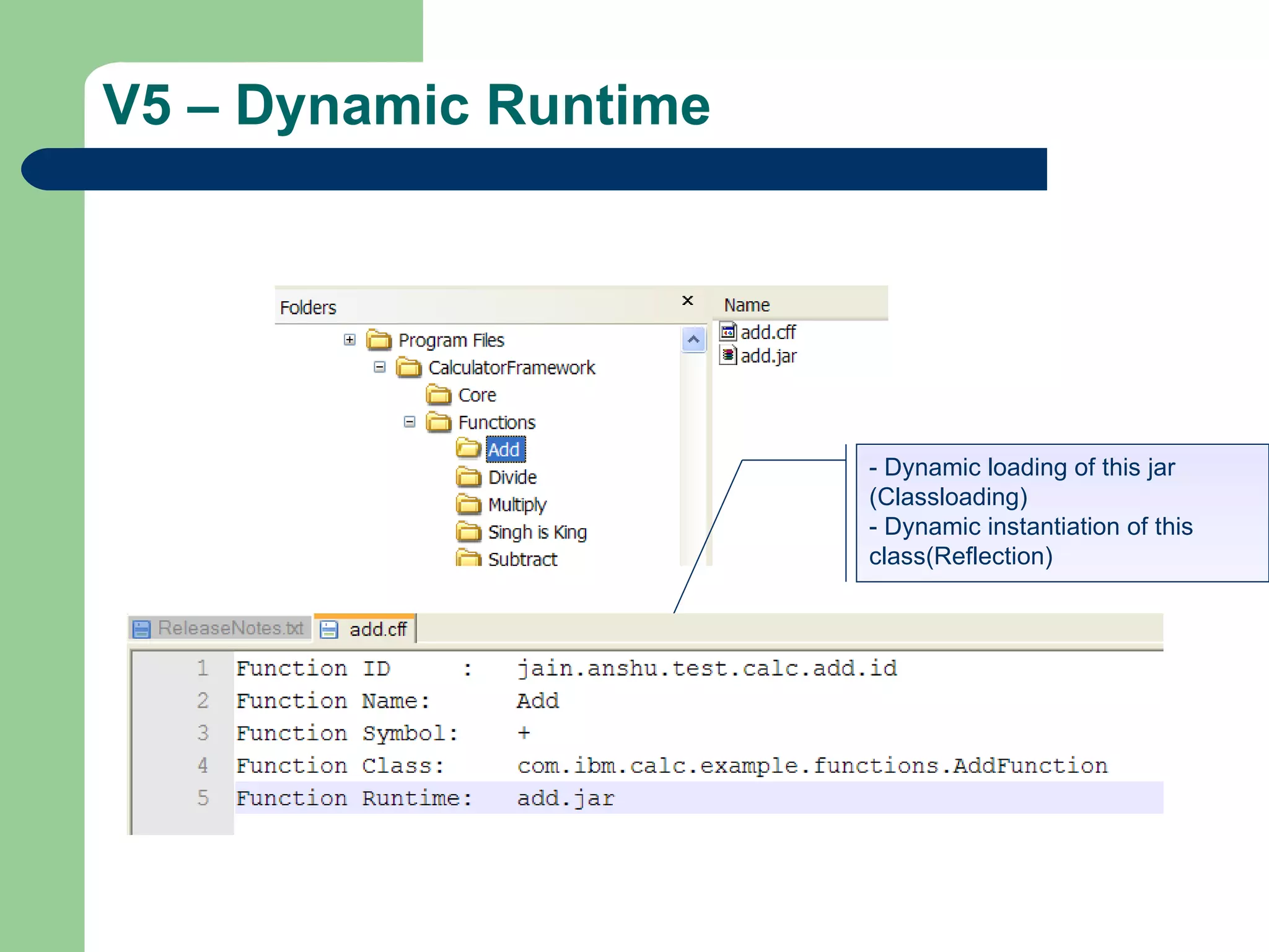 V5 – Dynamic Runtime - Dynamic loading of this jar (Classloading) - Dynamic instantiation of this class(Reflection) 