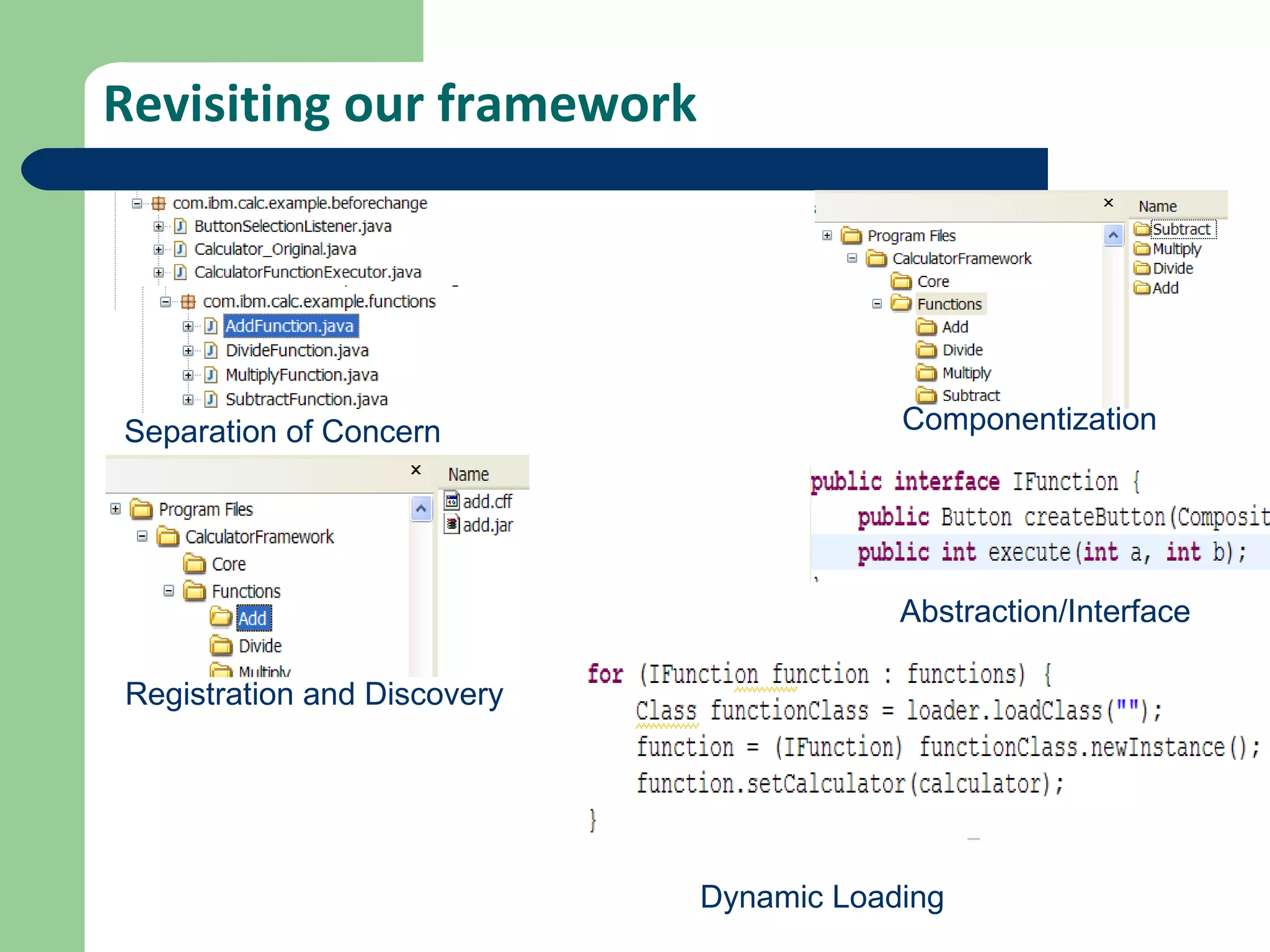 Revisiting our framework Separation of Concern Componentization Abstraction/Interface Registration and Discovery Dynamic Loading 