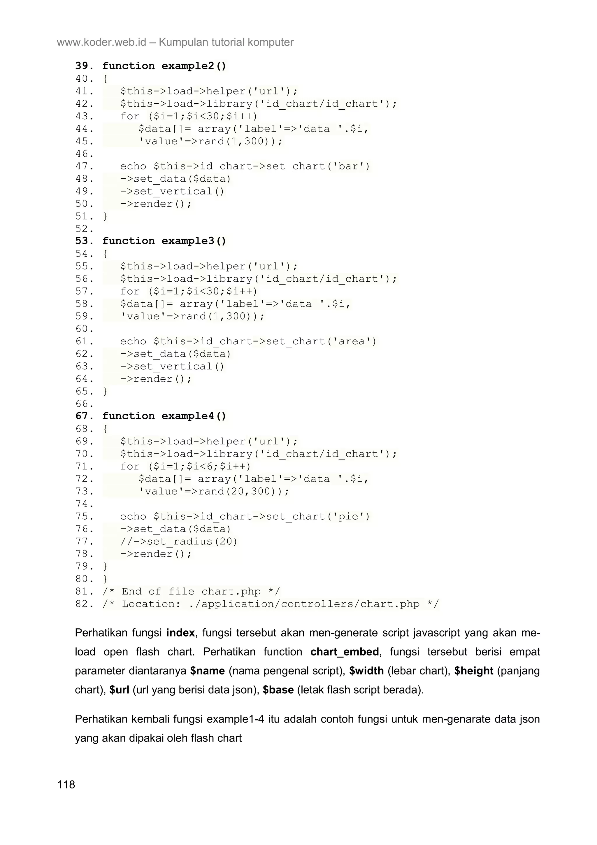 www.koder.web.id – Kumpulan tutorial komputer 39. function example2() 40. { 41. $this->load->helper('url'); 42. $this->load->library('id_chart/id_chart'); 43. for ($i=1;$i<30;$i++) 44. $data[]= array('label'=>'data '.$i, 45. 'value'=>rand(1,300)); 46. 47. echo $this->id_chart->set_chart('bar') 48. ->set_data($data) 49. ->set_vertical() 50. ->render(); 51. } 52. 53. function example3() 54. { 55. $this->load->helper('url'); 56. $this->load->library('id_chart/id_chart'); 57. for ($i=1;$i<30;$i++) 58. $data[]= array('label'=>'data '.$i, 59. 'value'=>rand(1,300)); 60. 61. echo $this->id_chart->set_chart('area') 62. ->set_data($data) 63. ->set_vertical() 64. ->render(); 65. } 66. 67. function example4() 68. { 69. $this->load->helper('url'); 70. $this->load->library('id_chart/id_chart'); 71. for ($i=1;$i<6;$i++) 72. $data[]= array('label'=>'data '.$i, 73. 'value'=>rand(20,300)); 74. 75. echo $this->id_chart->set_chart('pie') 76. ->set_data($data) 77. //->set_radius(20) 78. ->render(); 79. } 80. } 81. /* End of file chart.php */ 82. /* Location: ./application/controllers/chart.php */ Perhatikan fungsi index, fungsi tersebut akan men-generate script javascript yang akan me- load open flash chart. Perhatikan function chart_embed, fungsi tersebut berisi empat parameter diantaranya $name (nama pengenal script), $width (lebar chart), $height (panjang chart), $url (url yang berisi data json), $base (letak flash script berada). Perhatikan kembali fungsi example1-4 itu adalah contoh fungsi untuk men-genarate data json yang akan dipakai oleh flash chart 118 