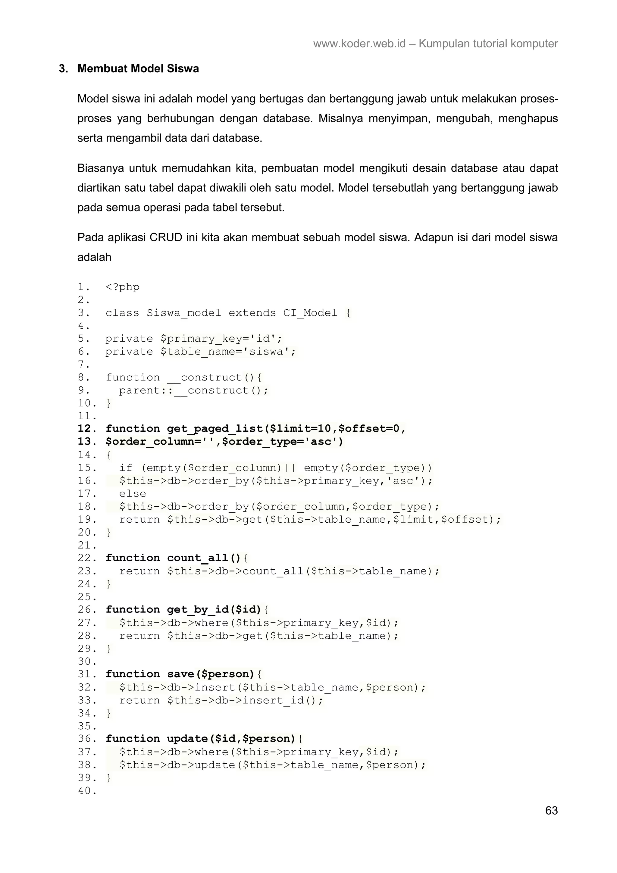 www.koder.web.id – Kumpulan tutorial komputer 3. Membuat Model Siswa Model siswa ini adalah model yang bertugas dan bertanggung jawab untuk melakukan proses- proses yang berhubungan dengan database. Misalnya menyimpan, mengubah, menghapus serta mengambil data dari database. Biasanya untuk memudahkan kita, pembuatan model mengikuti desain database atau dapat diartikan satu tabel dapat diwakili oleh satu model. Model tersebutlah yang bertanggung jawab pada semua operasi pada tabel tersebut. Pada aplikasi CRUD ini kita akan membuat sebuah model siswa. Adapun isi dari model siswa adalah 1. <?php 2. 3. class Siswa_model extends CI_Model { 4. 5. private $primary_key='id'; 6. private $table_name='siswa'; 7. 8. function __construct(){ 9. parent::__construct(); 10. } 11. 12. function get_paged_list($limit=10,$offset=0, 13. $order_column='',$order_type='asc') 14. { 15. if (empty($order_column)|| empty($order_type)) 16. $this->db->order_by($this->primary_key,'asc'); 17. else 18. $this->db->order_by($order_column,$order_type); 19. return $this->db->get($this->table_name,$limit,$offset); 20. } 21. 22. function count_all(){ 23. return $this->db->count_all($this->table_name); 24. } 25. 26. function get_by_id($id){ 27. $this->db->where($this->primary_key,$id); 28. return $this->db->get($this->table_name); 29. } 30. 31. function save($person){ 32. $this->db->insert($this->table_name,$person); 33. return $this->db->insert_id(); 34. } 35. 36. function update($id,$person){ 37. $this->db->where($this->primary_key,$id); 38. $this->db->update($this->table_name,$person); 39. } 40. 63 