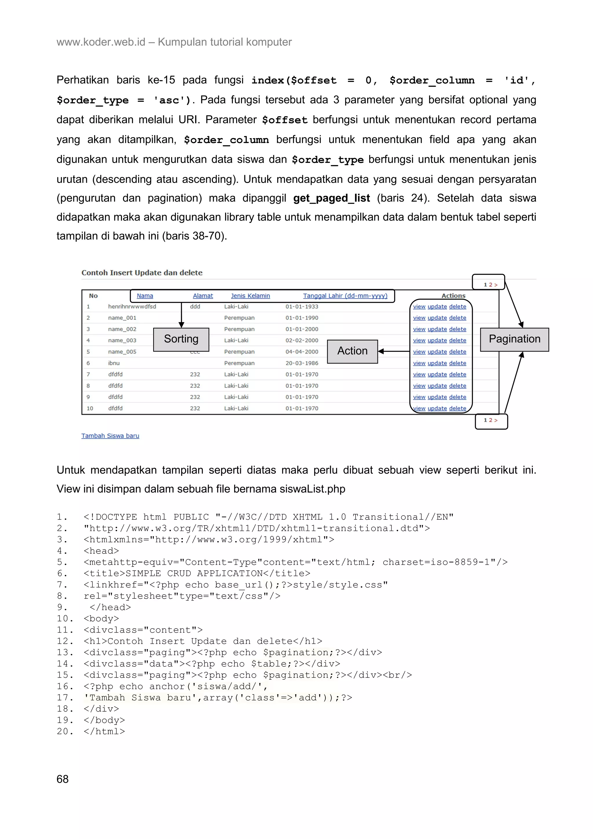 www.koder.web.id – Kumpulan tutorial komputer Perhatikan baris ke-15 pada fungsi index($offset = 0, $order_column = 'id', $order_type = 'asc'). Pada fungsi tersebut ada 3 parameter yang bersifat optional yang dapat diberikan melalui URI. Parameter $offset berfungsi untuk menentukan record pertama yang akan ditampilkan, $order_column berfungsi untuk menentukan field apa yang akan digunakan untuk mengurutkan data siswa dan $order_type berfungsi untuk menentukan jenis urutan (descending atau ascending). Untuk mendapatkan data yang sesuai dengan persyaratan (pengurutan dan pagination) maka dipanggil get_paged_list (baris 24). Setelah data siswa didapatkan maka akan digunakan library table untuk menampilkan data dalam bentuk tabel seperti tampilan di bawah ini (baris 38-70). Sorting Pagination Action Untuk mendapatkan tampilan seperti diatas maka perlu dibuat sebuah view seperti berikut ini. View ini disimpan dalam sebuah file bernama siswaList.php 1. <!DOCTYPE html PUBLIC "-//W3C//DTD XHTML 1.0 Transitional//EN" 2. "http://www.w3.org/TR/xhtml1/DTD/xhtml1-transitional.dtd"> 3. <htmlxmlns="http://www.w3.org/1999/xhtml"> 4. <head> 5. <metahttp-equiv="Content-Type"content="text/html; charset=iso-8859-1"/> 6. <title>SIMPLE CRUD APPLICATION</title> 7. <linkhref="<?php echo base_url();?>style/style.css" 8. rel="stylesheet"type="text/css"/> 9. </head> 10. <body> 11. <divclass="content"> 12. <h1>Contoh Insert Update dan delete</h1> 13. <divclass="paging"><?php echo $pagination;?></div> 14. <divclass="data"><?php echo $table;?></div> 15. <divclass="paging"><?php echo $pagination;?></div><br/> 16. <?php echo anchor('siswa/add/', 17. 'Tambah Siswa baru',array('class'=>'add'));?> 18. </div> 19. </body> 20. </html> 68 