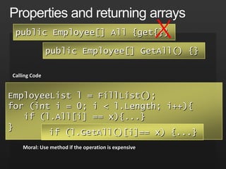 Propertiespublic class ArrayList { public int Count {get;}}Property getters should be simple and therefore unlikely to throw exceptionsProperties should not have dependencies on each otherSetting one property should not affect other propertiesProperties should be settable in any order