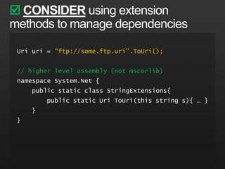 Extension methods marry the usability offered by object-oriented APIs with the flexibility of functional APIs.