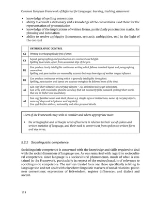 • knowledge of spelling conventions
• ability to consult a dictionary and a knowledge of the conventions used there for the
representation of pronunciation
• knowledge of the implications of written forms, particularly punctuation marks, for
phrasing and intonation
• ability to resolve ambiguity (homonyms, syntactic ambiguities, etc.) in the light of
the context
ORTHOGRAPHIC CONTROL
C2 Writing is orthographically free of error.
C1
Layout, paragraphing and punctuation are consistent and helpful.
Spelling is accurate, apart from occasional slips of the pen.
B2
Can produce clearly intelligible continuous writing which follows standard layout and paragraphing
conventions.
Spelling and punctuation are reasonably accurate but may show signs of mother tongue inﬂuence.
B1
Can produce continuous writing which is generally intelligible throughout.
Spelling, punctuation and layout are accurate enough to be followed most of the time.
A2
Can copy short sentences on everyday subjects – e.g. directions how to get somewhere.
Can write with reasonable phonetic accuracy (but not necessarily fully standard spelling) short words
that are in his/her oral vocabulary.
A1
Can copy familiar words and short phrases e.g. simple signs or instructions, names of everyday objects,
names of shops and set phrases used regularly.
Can spell his/her address, nationality and other personal details.
5.2.2 Sociolinguistic competence
Sociolinguistic competence is concerned with the knowledge and skills required to deal
with the social dimension of language use. As was remarked with regard to sociocultu-
ral competence, since language is a sociocultural phenomenon, much of what is con-
tained in the Framework, particularly in respect of the sociocultural, is of relevance to
sociolinguistic competence. The matters treated here are those speciﬁcally relating to
language use and not dealt with elsewhere: linguistic markers of social relations; polite-
ness conventions; expressions of folk-wisdom; register differences; and dialect and
accent.
Users of the Framework may wish to consider and where appropriate state:
• the orthographic and orthoepic needs of learners in relation to their use of spoken and
written varieties of language, and their need to convert text from spoken to written form
and vice versa.
Common European Framework of Reference for Languages: learning, teaching, assessment
118
 