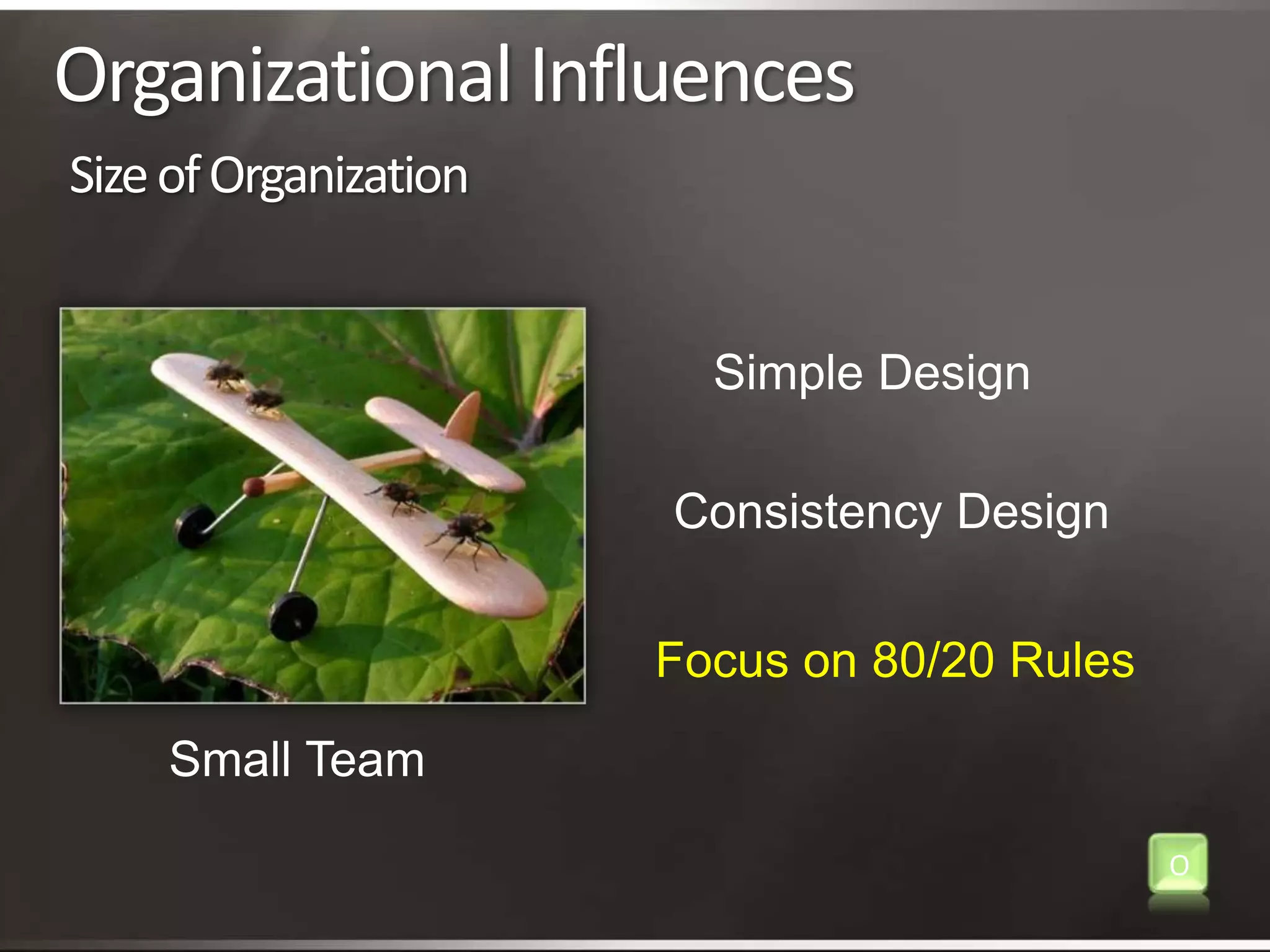 Organizational InfluencesSize of OrganizationSimple DesignConsistency DesignFocus on 80/20 RulesSmall TeamO