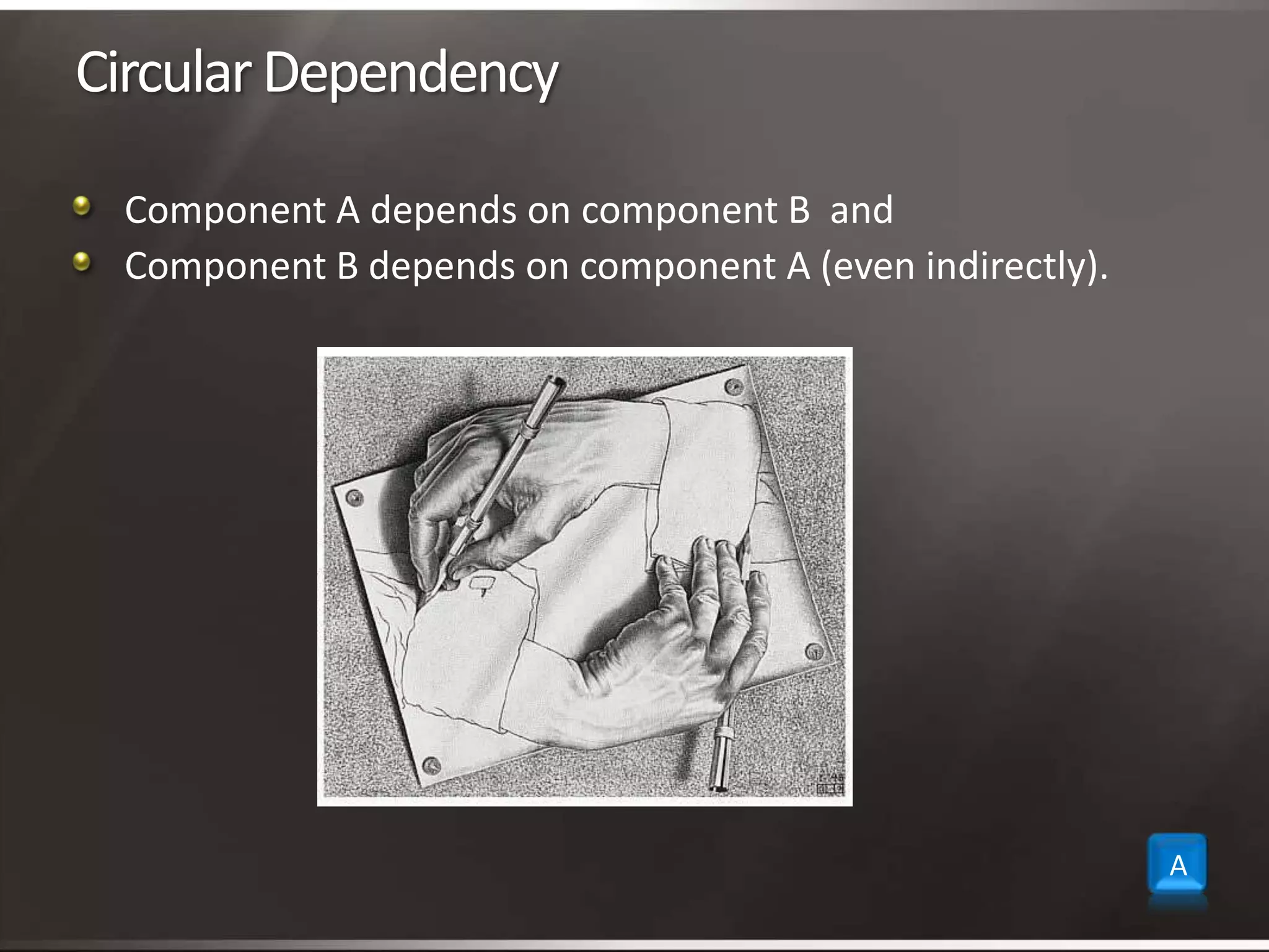 Circular DependencyComponent A depends on component B  andComponent B depends on component A (even indirectly).A