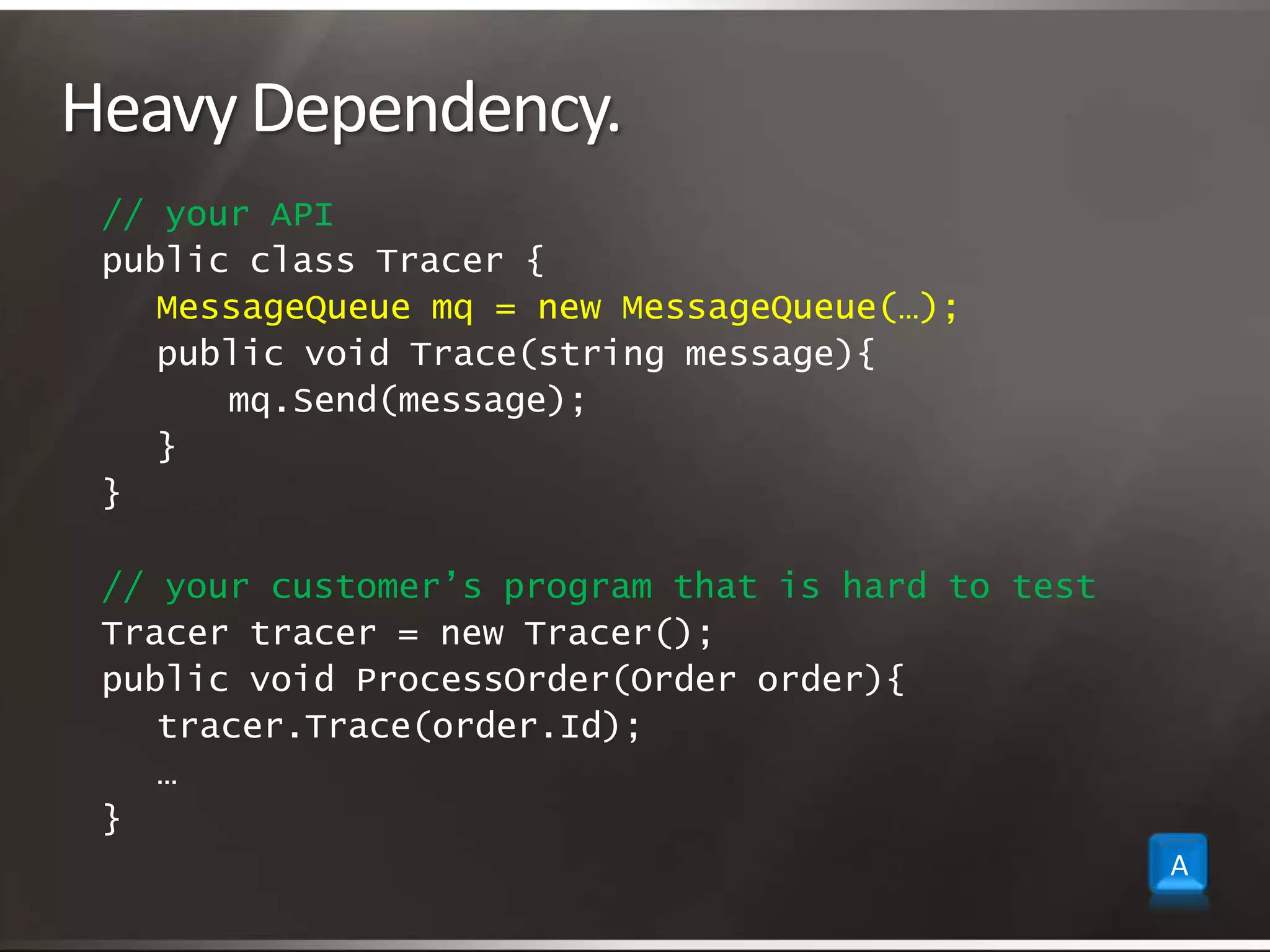 Heavy Dependency.// your APIpublic class Tracer {MessageQueue mq = new MessageQueue(…);	public void Trace(string message){ 	mq.Send(message);	}} // your customer’s program that is hard to testTracer tracer = new Tracer();public void ProcessOrder(Order order){	tracer.Trace(order.Id);	…}A