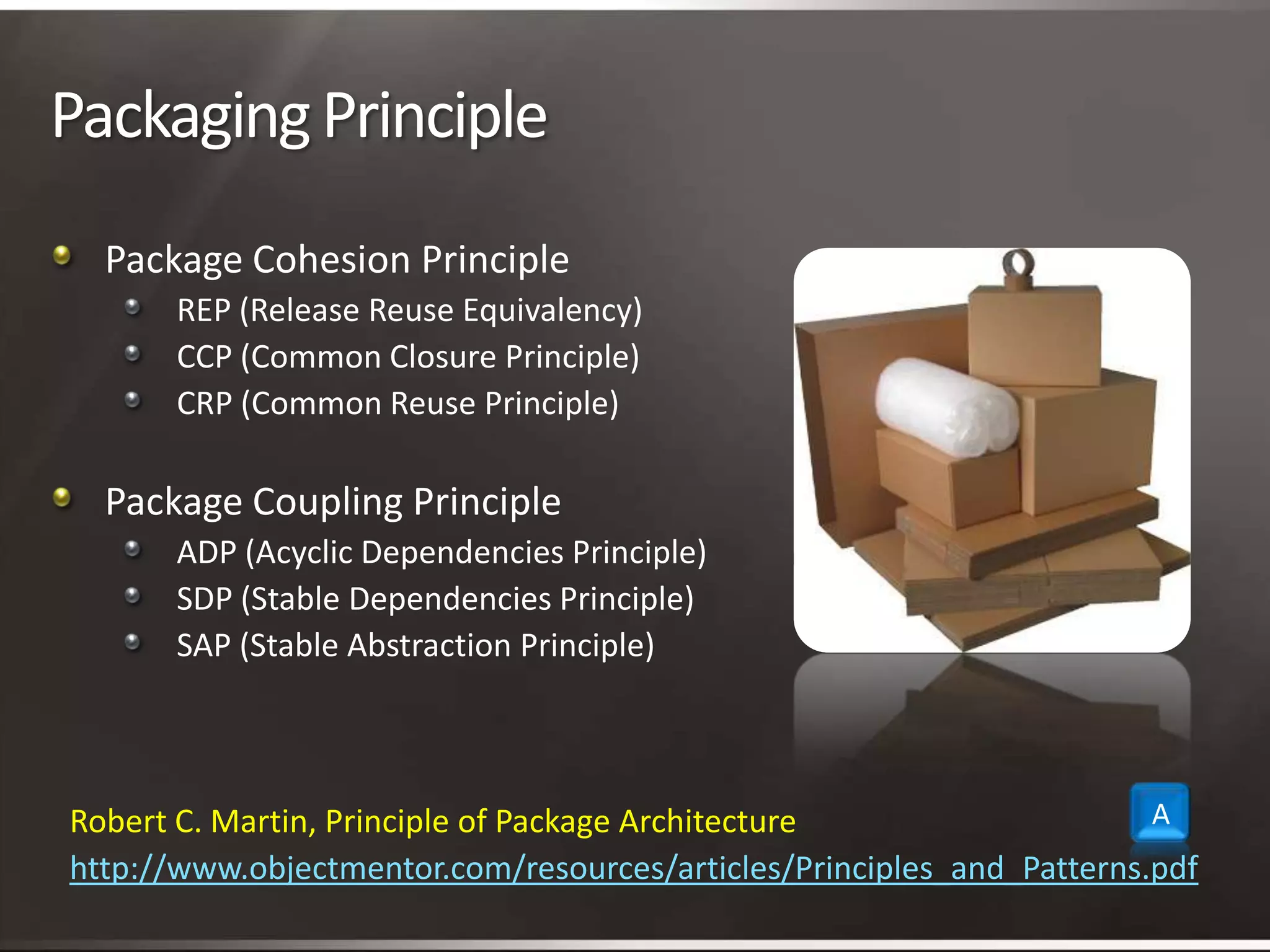 Packaging PrinciplePackage Cohesion PrincipleREP (Release Reuse Equivalency)CCP (Common Closure Principle)CRP (Common Reuse Principle)Package Coupling PrincipleADP (Acyclic Dependencies Principle)SDP (Stable Dependencies Principle)SAP (Stable Abstraction Principle)ARobert C. Martin, Principle of Package Architecturehttp://www.objectmentor.com/resources/articles/Principles_and_Patterns.pdf