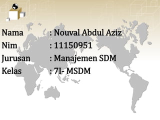 Nama : Nouval Abdul Aziz
Nim : 11150951
Jurusan : Manajemen SDM
Kelas : 7I- MSDM
 
