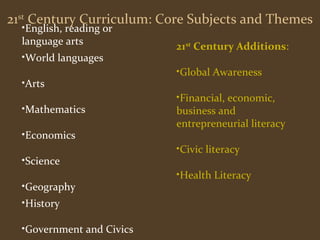 21st Century Curriculum: Core Subjects and Themes 
•English, reading or 
language arts 
•World languages 
•Arts 
•Mathematics 
•Economics 
•Science 
•Geography 
•History 
•Government and Civics 
21st Century Additions: 
•Global Awareness 
•Financial, economic, 
business and 
entrepreneurial literacy 
•Civic literacy 
•Health Literacy 
 