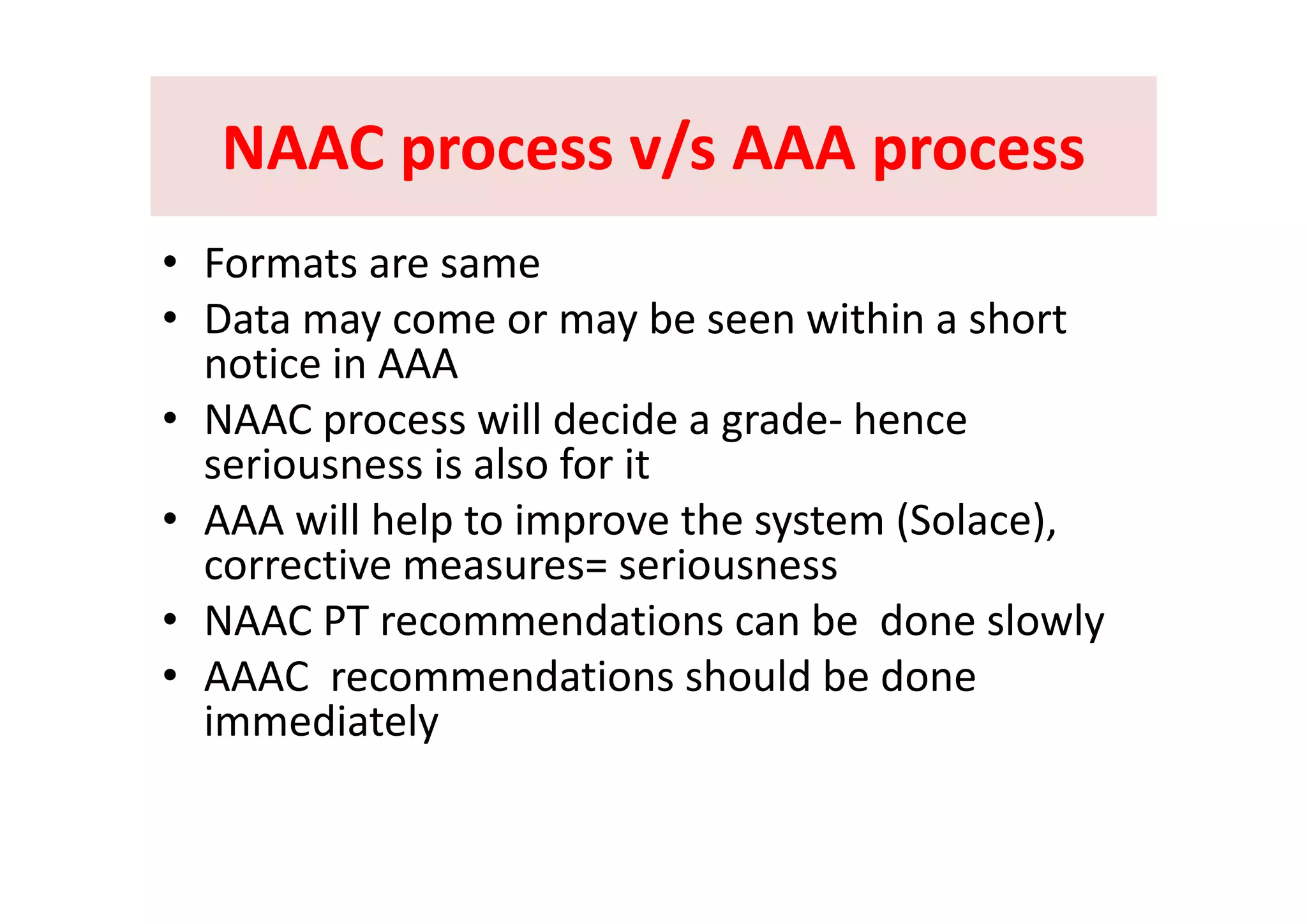 NAAC process v/s AAA processNAAC process v/s AAA processNAAC process v/s AAA processNAAC process v/s AAA process
F t• Formats are same
• Data may come or may be seen within a short 
notice in AAAnotice in AAA
• NAAC process will decide a grade‐ hence 
seriousness is also for itseriousness is also for it
• AAA will help to improve the system (Solace), 
corrective measures= seriousnesscorrective measures= seriousness 
• NAAC PT recommendations can be  done slowly
• AAAC recommendations should be done• AAAC  recommendations should be done 
immediately 
 