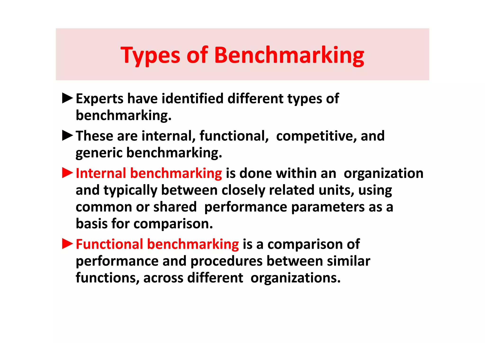Types of BenchmarkingTypes of BenchmarkingTypes of Benchmarking Types of Benchmarking 
►E h id ifi d diff f►Experts have identified different types of 
benchmarking. 
►Th i t l f ti l titi d►These are internal, functional,  competitive, and 
generic benchmarking. 
►Internal benchmarking is done within an organization►Internal benchmarking is done within an  organization 
and typically between closely related units, using 
common or shared performance parameters as acommon or shared  performance parameters as a 
basis for comparison. 
►Functional benchmarking is a comparison of g p
performance and procedures between similar 
functions, across different  organizations.
 