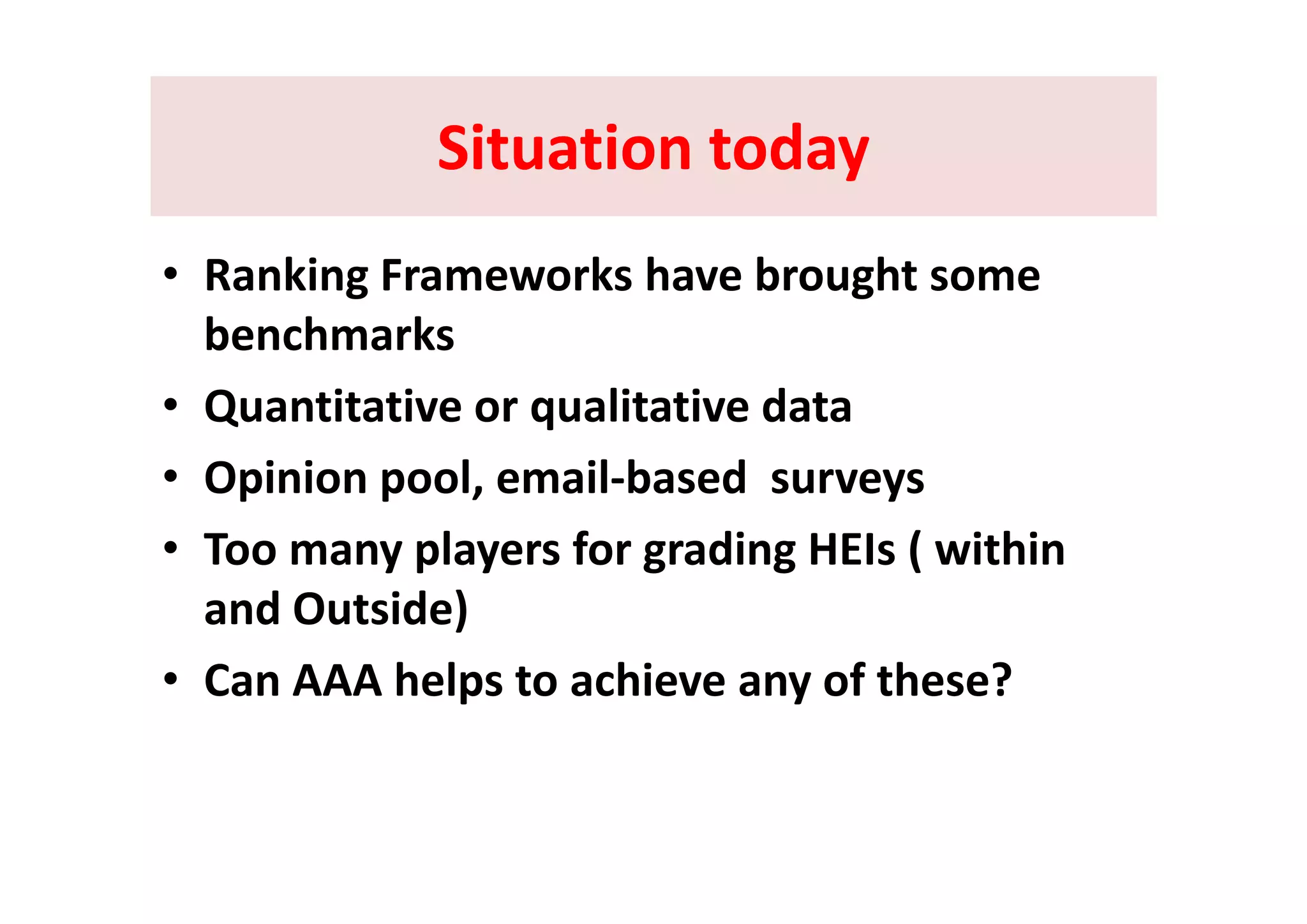 Situation todaySituation todaySituation todaySituation today
• Ranking Frameworks have brought some 
benchmarks 
• Quantitative or qualitative data
O i i l il b d• Opinion pool, email‐based  surveys 
• Too many players for grading HEIs ( within y p y g g (
and Outside)
C AAA h l t hi f th ?• Can AAA helps to achieve any of these? 
 