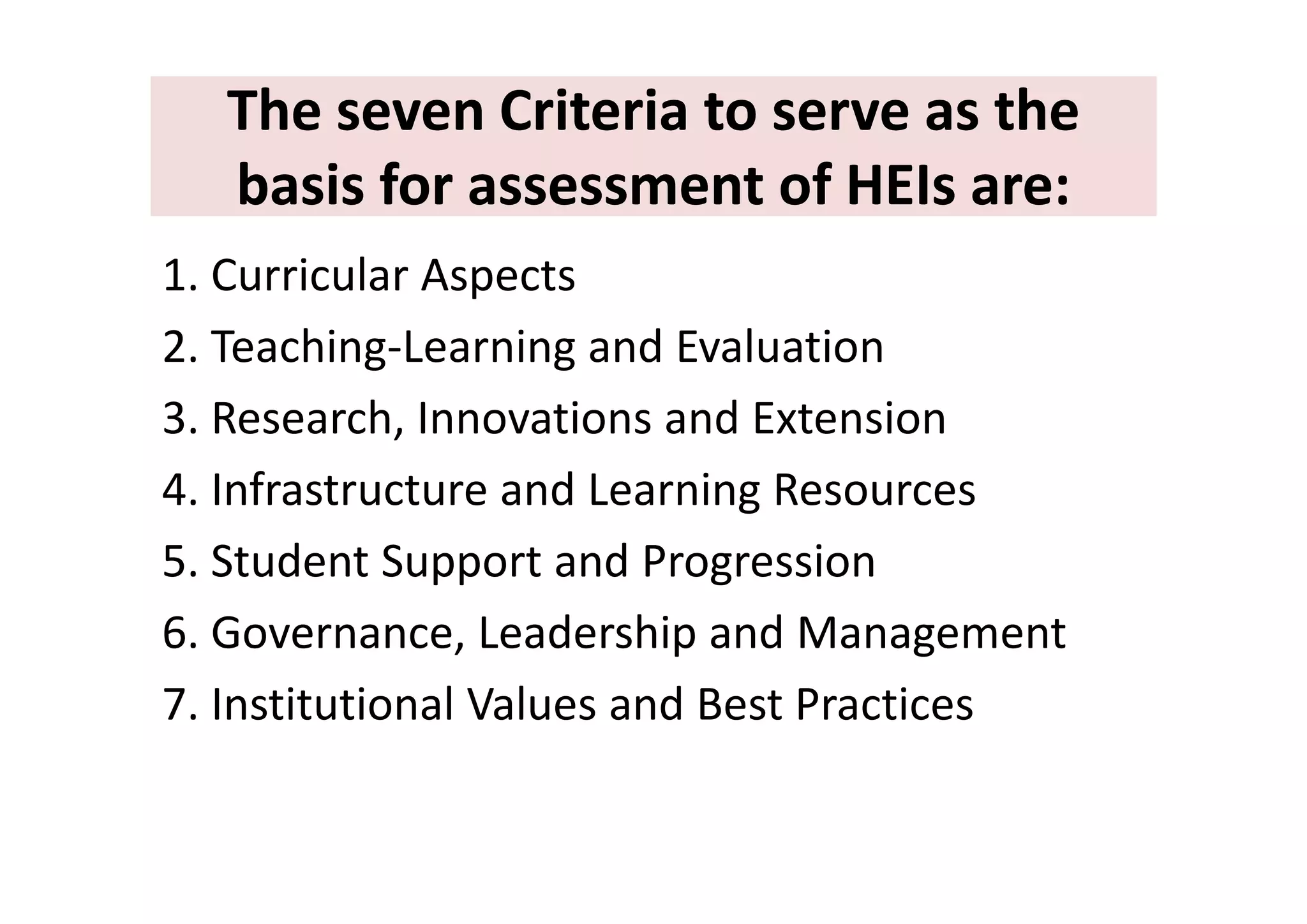 The seven Criteria to serve as the The seven Criteria to serve as the 
basis for assessment of HEIs are: basis for assessment of HEIs are: 
1. Curricular Aspects 
2. Teaching‐Learning and Evaluation2. Teaching Learning and Evaluation 
3. Research, Innovations and Extension 
4. Infrastructure and Learning Resources 
5 Student Support and Progression5. Student Support and Progression 
6. Governance, Leadership and Management 
7. Institutional Values and Best Practices 
 