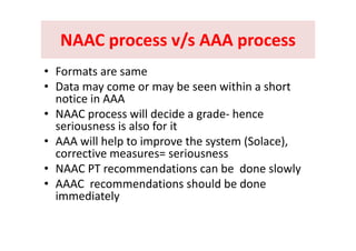 NAAC process v/s AAA processNAAC process v/s AAA processNAAC process v/s AAA processNAAC process v/s AAA process
F t• Formats are same
• Data may come or may be seen within a short 
notice in AAAnotice in AAA
• NAAC process will decide a grade‐ hence 
seriousness is also for itseriousness is also for it
• AAA will help to improve the system (Solace), 
corrective measures= seriousnesscorrective measures= seriousness 
• NAAC PT recommendations can be  done slowly
• AAAC recommendations should be done• AAAC  recommendations should be done 
immediately 
 