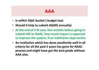 AAAAAAAAAAAA
• Is within IQAC bucket ( budget too)
• Should it help to submit AQAR( annually) 
• At the end of 4 th year, few months before going to 
submit SSR to NAAC, how much impact is expectedsubmit SSR to NAAC, how much impact is expected 
to improve the system, if an institution slept earlier.
• An institution which has done excellently well in all• An institution which has done excellently well in all 
criteria for all the past 5 years has gone for NAAC 
process and might have got the best grade withoutprocess and might have got the best grade without 
AAA also.
 