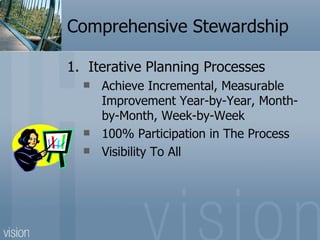 Comprehensive Stewardship

1. Iterative Planning Processes
     Achieve Incremental, Measurable
      Improvement Year-by-Year, Month-
      by-Month, Week-by-Week
     100% Participation in The Process
     Visibility To All
 