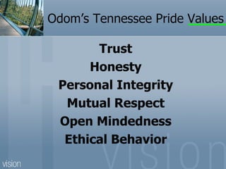 Odom’s Tennessee Pride Values

       Trust
      Honesty
 Personal Integrity
  Mutual Respect
 Open Mindedness
  Ethical Behavior
 