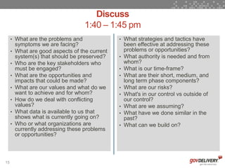 Discuss
                                    1:40 – 1:45 pm
     • What are the problems and                • What strategies and tactics have
         symptoms we are facing?                    been effective at addressing these
     •   What are good aspects of the current       problems or opportunities?
         system(s) that should be preserved?    •   What authority is needed and from
     •   Who are the key stakeholders who           whom?
         must be engaged?                       •   What is our time-frame?
     •   What are the opportunities and         •   What are their short, medium, and
         impacts that could be made?                long term phase components?
     •   What are our values and what do we     •   What are our risks?
         want to achieve and for whom?          •   What's in our control vs outside of
     •   How do we deal with conflicting            our control?
         values?                                •   What are we assuming?
     •   What data is available to us that      •   What have we done similar in the
         shows what is currently going on?          past?
     •   Who or what organizations are          •   What can we build on?
         currently addressing these problems
         or opportunities?



15
 