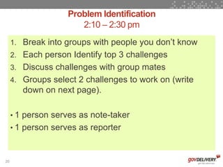 Problem Identification
                       2:10 – 2:30 pm
     1. Break into groups with people you don’t know
     2. Each person Identify top 3 challenges
     3. Discuss challenges with group mates
     4. Groups select 2 challenges to work on (write
        down on next page).

     • 1 person serves as note-taker
     • 1 person serves as reporter



20
 