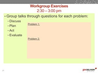 Workgroup Exercises
                         2:30 – 3:00 pm
     • Group talks through questions for each problem:
      − Discuss
                   Problem 1:
      − Plan
      − Act
      − Evaluate
                   Problem 2:




21
 